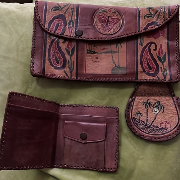 Vintage 1970s Clutch Handbag Purse with Coin Purse & Wallet Genuine Leather - Picture 2 of 4